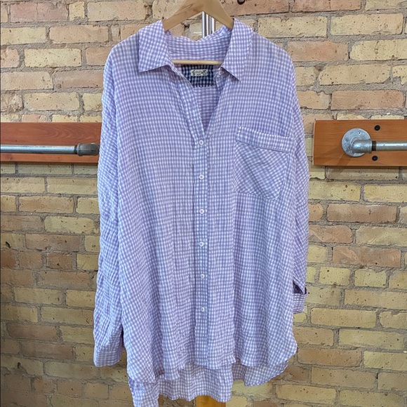 Free People Lavender Checkered Seersucker Oversized Button Down Shirt, Medium - Picture 2 of 8
